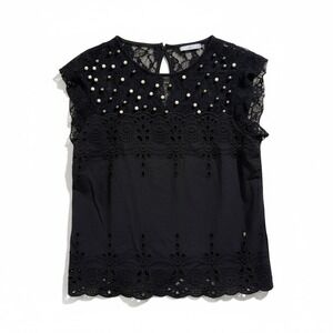 Pink Fly Black Lace Pearl Embellished Cap Sleeve Top Blouse Size L